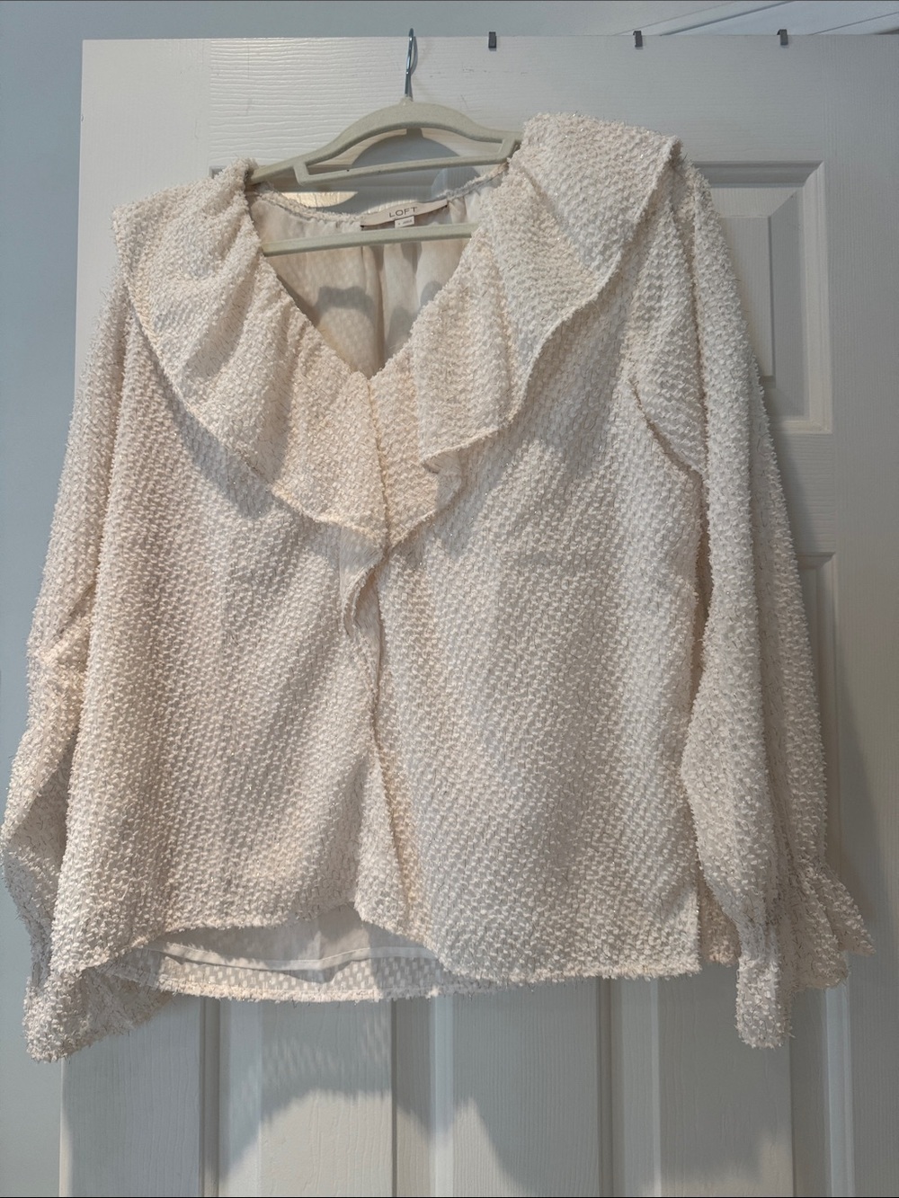 LOFT Cream Ruffle-Trim Textured Blouse
